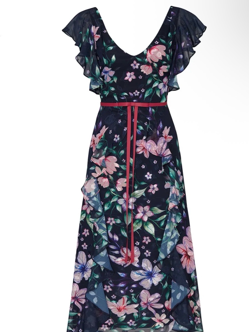 Marchesa Notte Floral Dress with Pink Belt